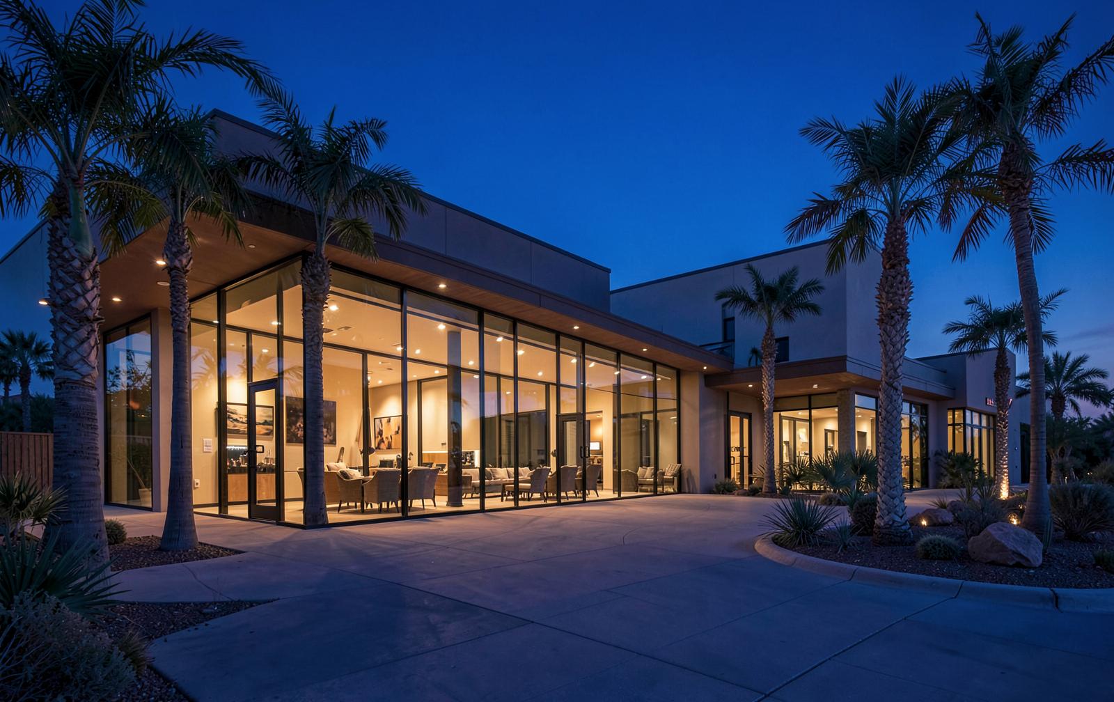 Elegant Arizona residence at dusk, carefully maintained